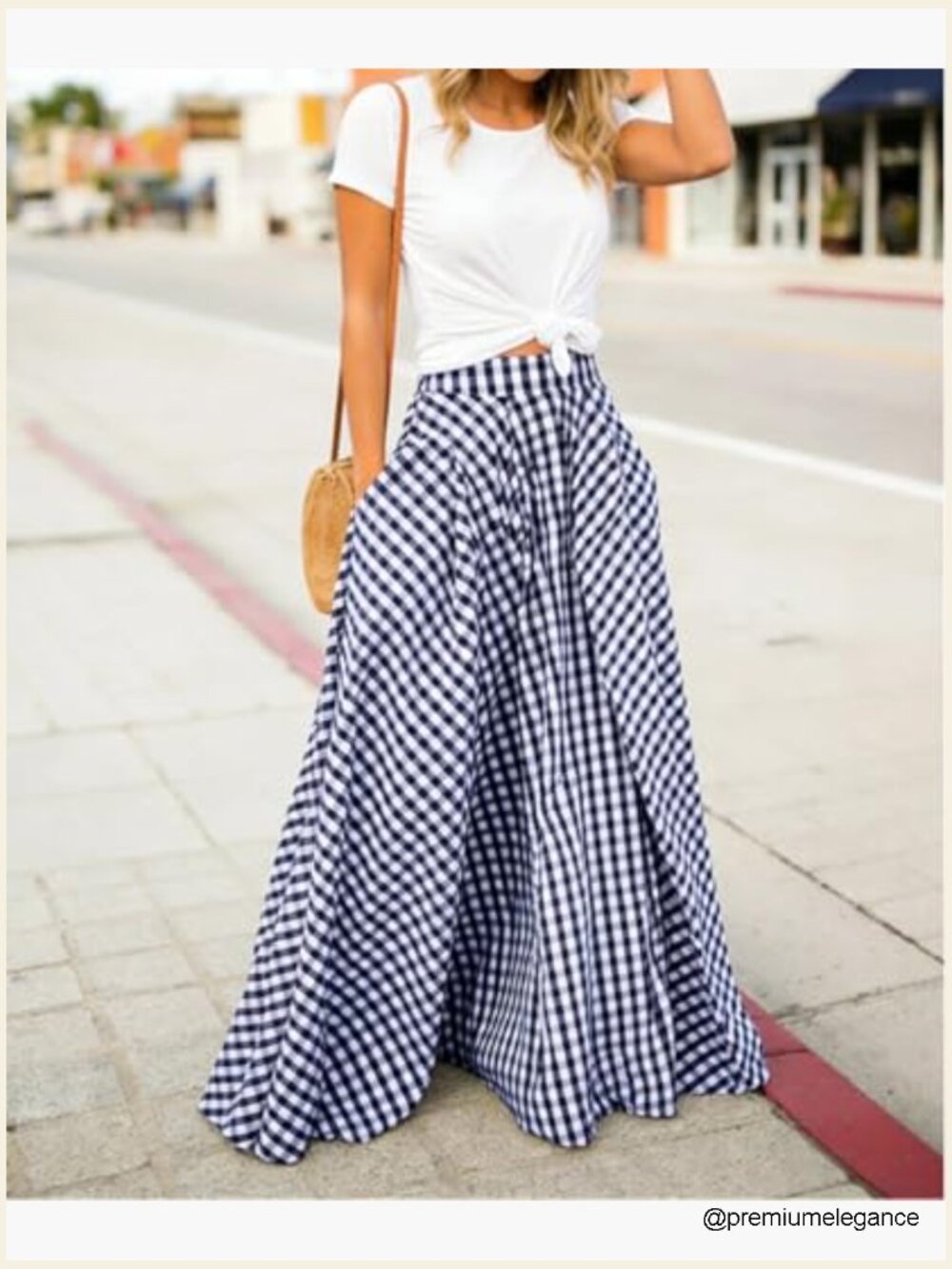 Gingham Maxi Skirt High Waist Pleated A-Line Flowy Checkered Skirt Summer - Picture 6 of 7